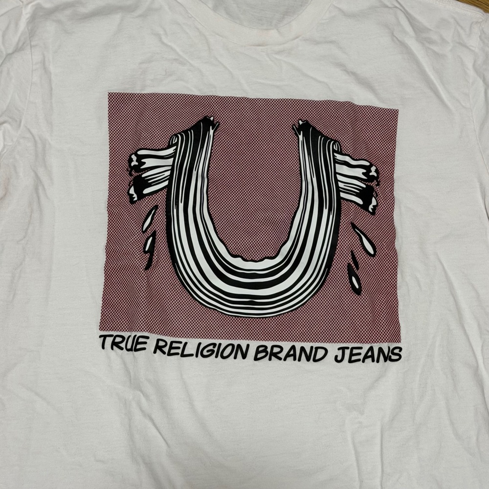 True Religion Womens Graphic T-Shirt White Relaxed Fit Horseshoe Logo Large - Picture 2 of 7